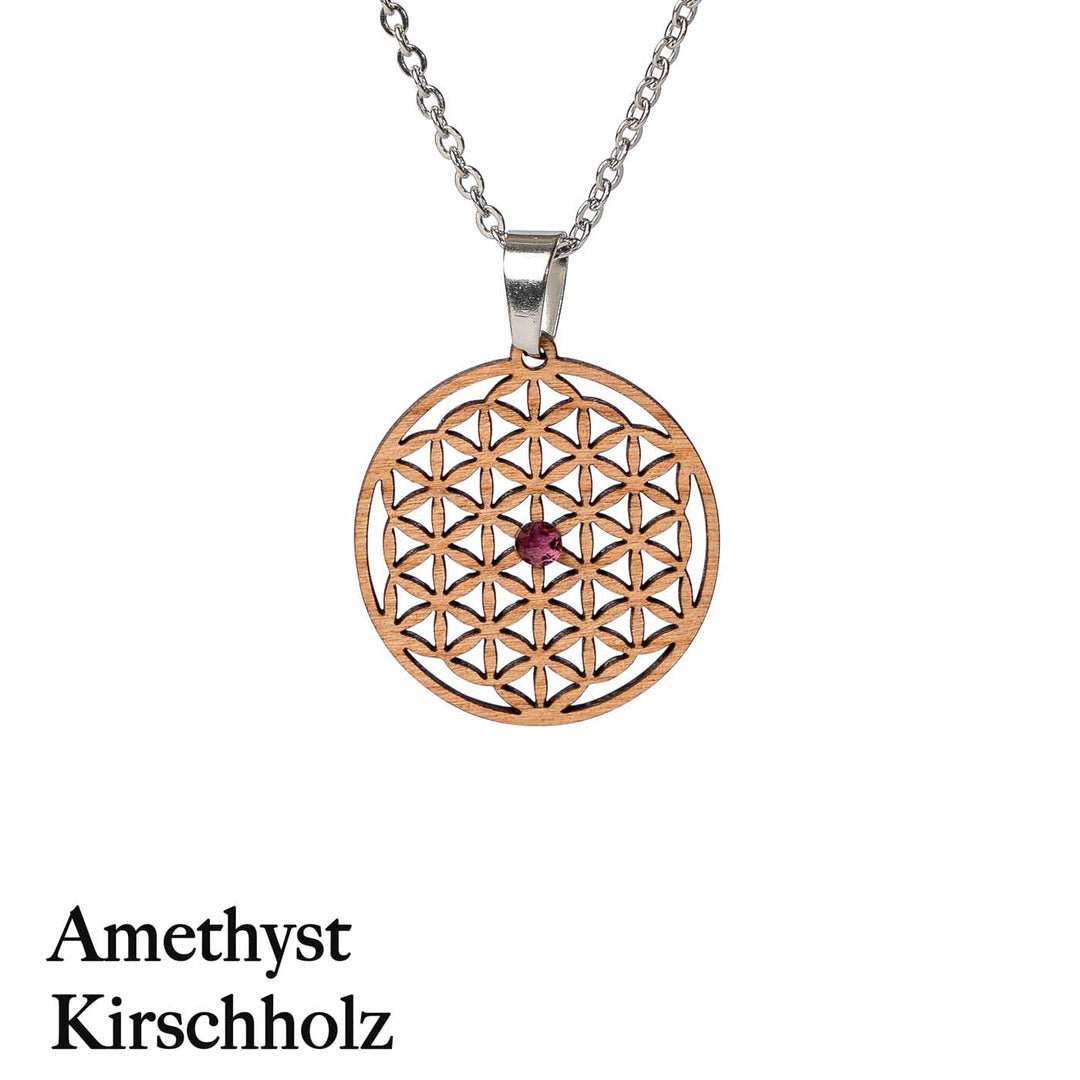 Blume des Lebens Amulett aus Kirschholz mit Amethyst 