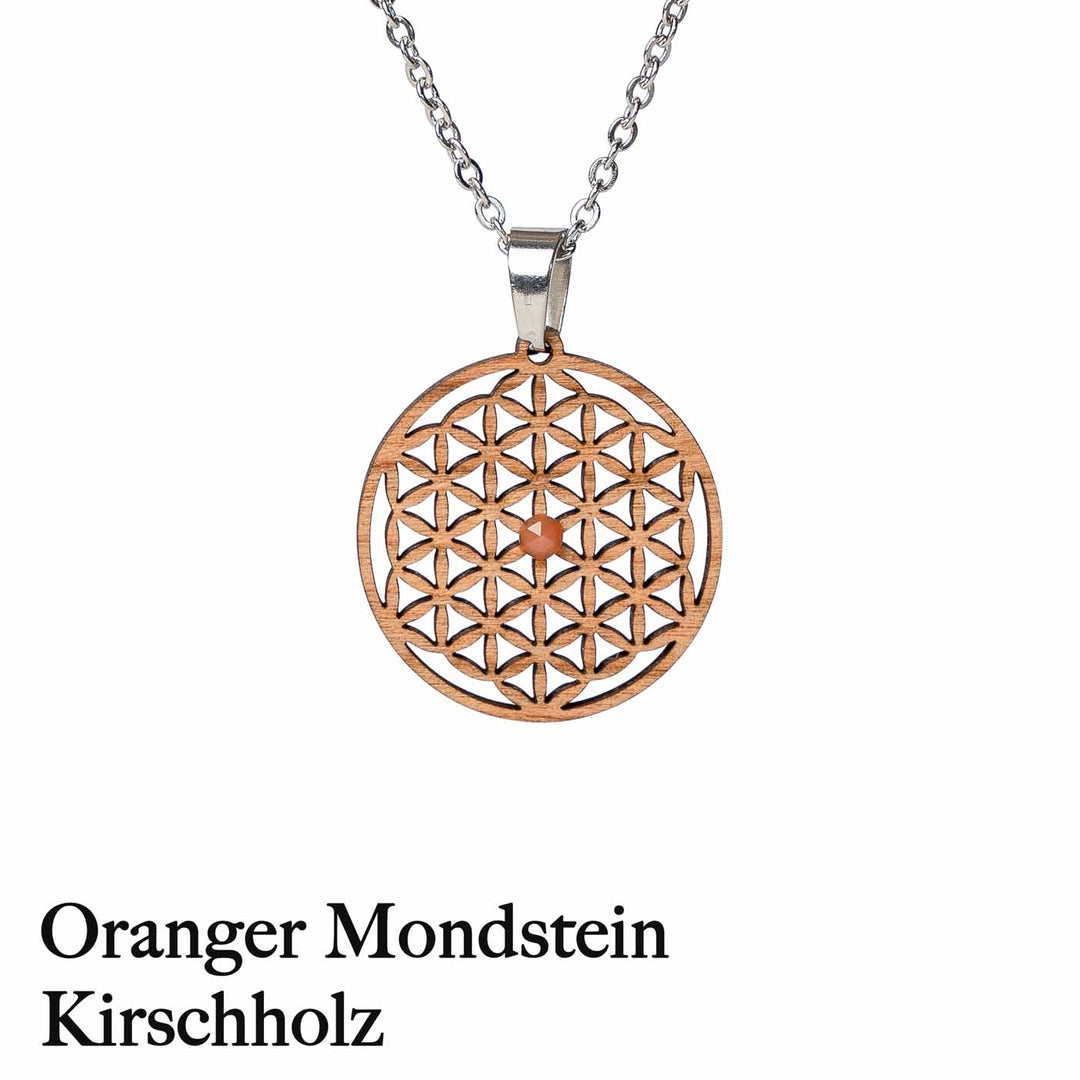 Blume des Lebens Amulett aus Kirschholz mit Orangen Mondstein 