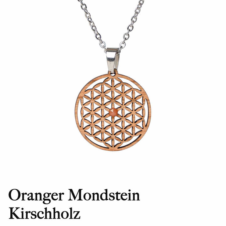 Blume des Lebens Amulett aus Kirschholz mit Orangen Mondstein 
