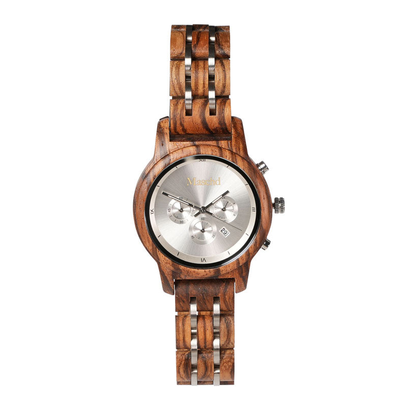 Damen Armbanduhr aus Holz aus zebrano mit silbernen ziffernblatt