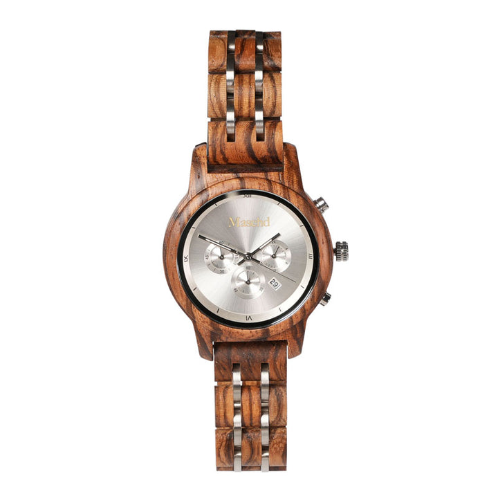 Damen Armbanduhr aus Holz aus zebrano mit silbernen ziffernblatt