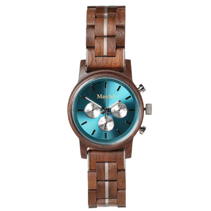 Herren Holzuhr aus Nussbaum mit Türkiblauen Ziffernblatt und Metall elementen