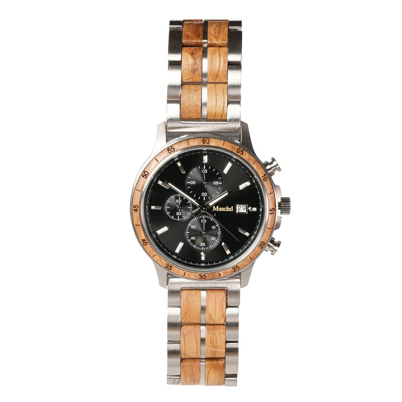 Herren Holzuhr aus Eiche und Edelstahl mit Schwarzem Ziffernblatt 