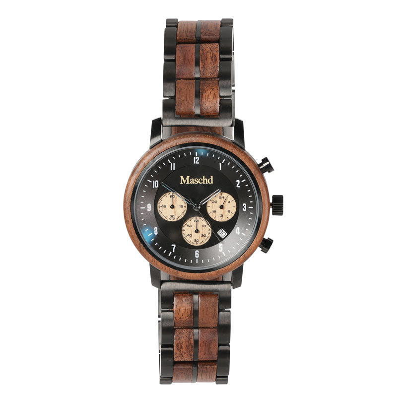Herren Holzuhr aus Wallnussholz und Edelstahl mit Schwarzem Ziffernblatt 