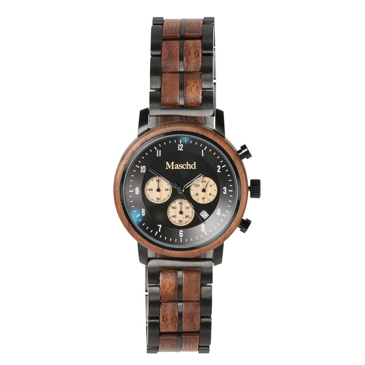 Herren Holzuhr aus Wallnussholz und Edelstahl mit Schwarzem Ziffernblatt 