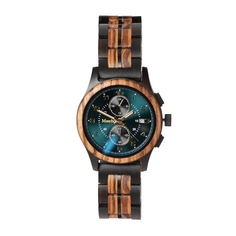 Herren Holzuhr aus Ebenholz und Zebrano mit Blauem Ziffernblatt 