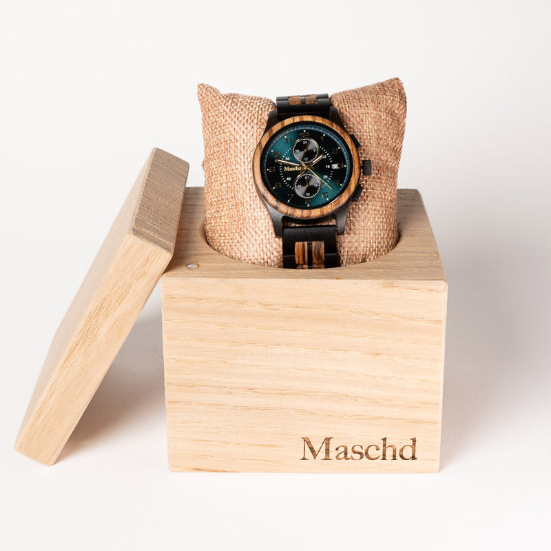 Holzuhr für Herren aus Zebrano und Ebendholz mit Blauen Ziffernblatt 