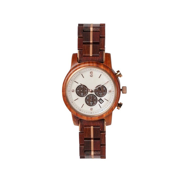 Damen Holzuhr aus Rotem Sandelholz mit Rose goldenen akzenten 