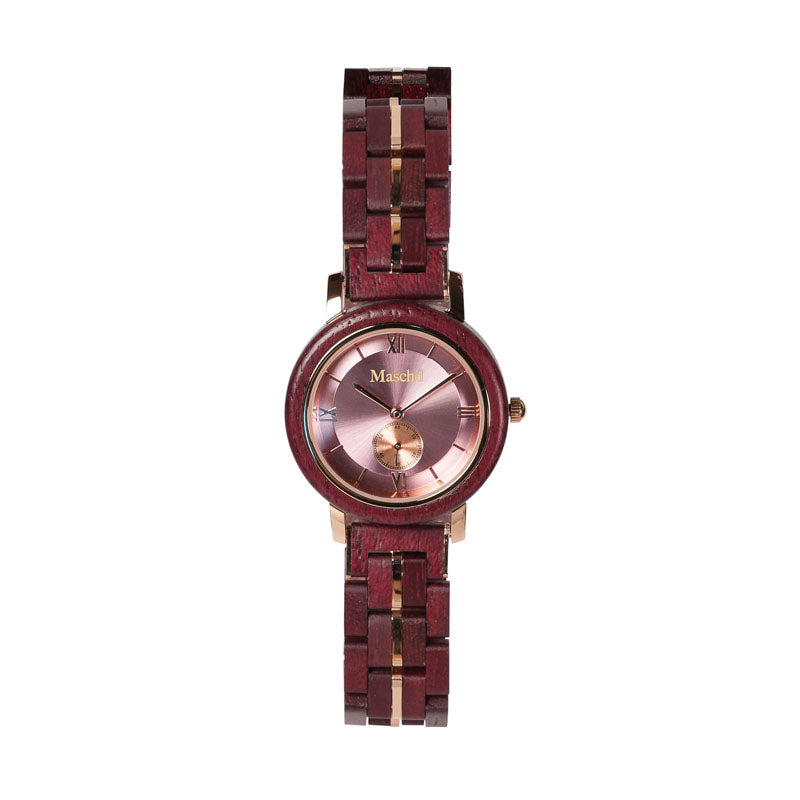 Purpur Damen Holzuhr mit Pinken Ziffernblatt und Rose goldenen Akzenten 