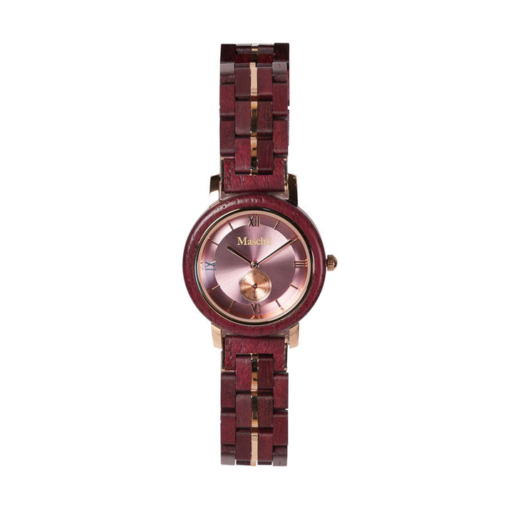 Purpur Damen Holzuhr mit Pinken Ziffernblatt und Rose goldenen Akzenten 