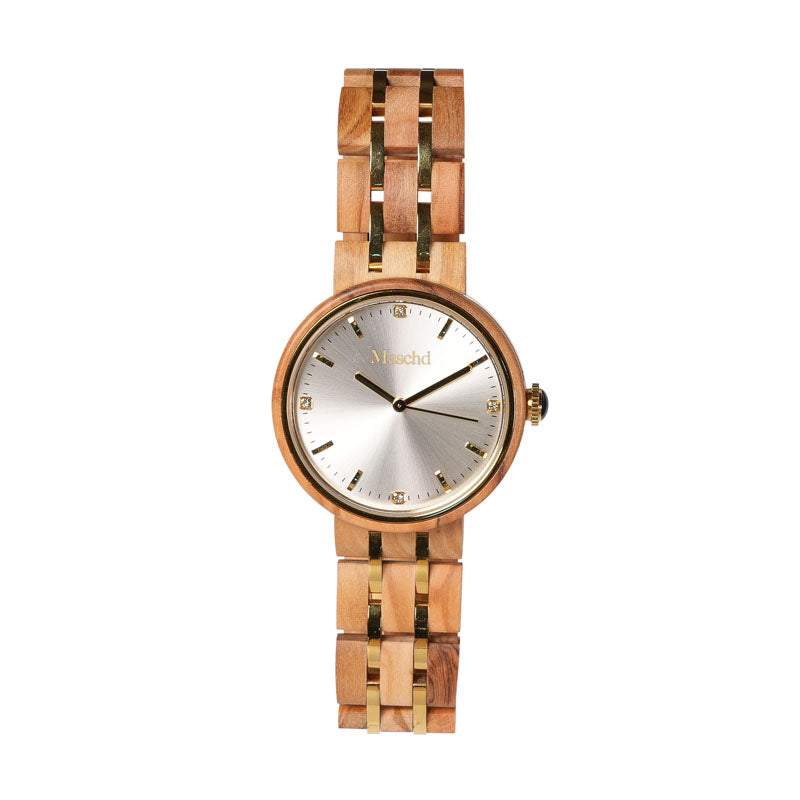 Frauen Holzuhr aus Olivenholz mit Silbenrne ziffernblatt und Goldenene Akzenten 