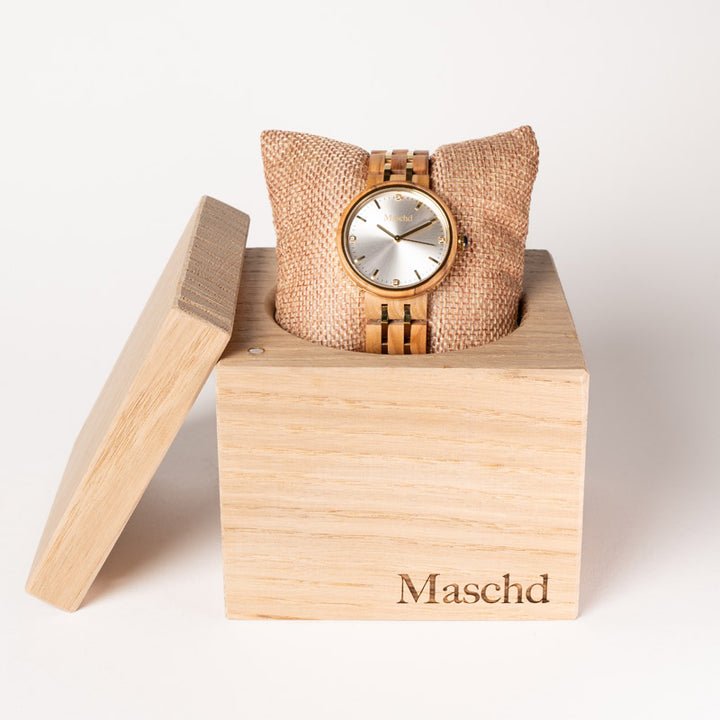 Elegante Damen Holzuhr aus Olivenholz in der Passenden Eichenbox Verpackung 