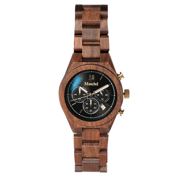 Herren Holzuhr aus Nussbaum mit Schwarzem Ziffernblatt und Goldenen Akzenten 