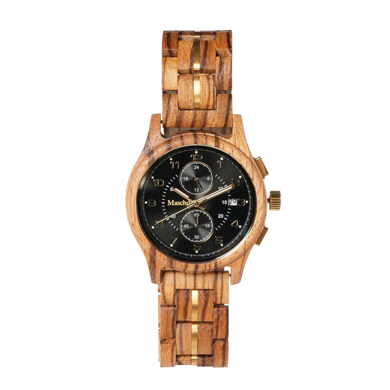 Herren Holzuhr aus zebrano mit Schwarzem Ziffernblatt und Goldenen Akzenten 