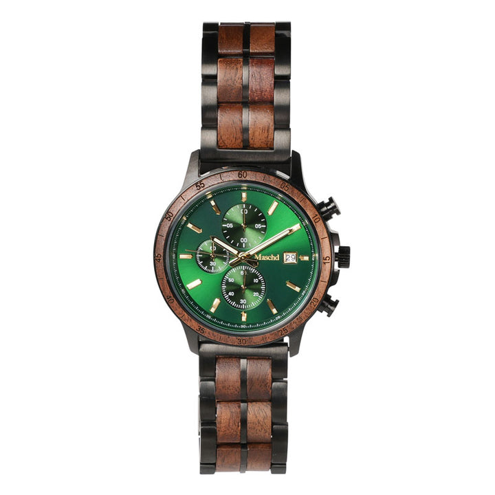Herren Holzuhr aus Nussbaum mit Grünenziffernblatt