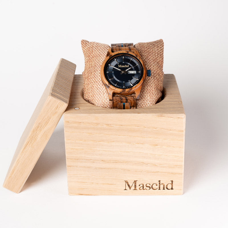 Herren Holzuhr aus Zebrano in der Passenden Verpackung aus Eichenholz 