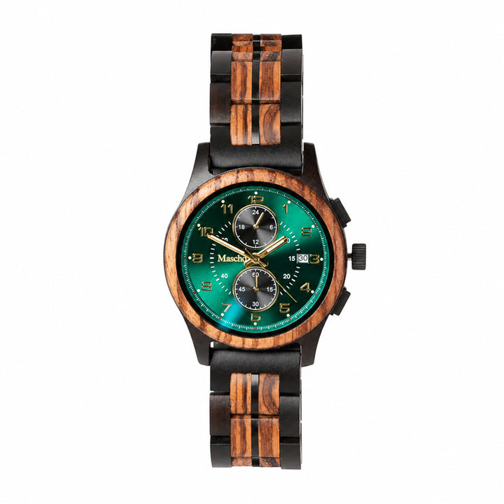 Herren Armband aus Zebrano und Ebenholz mit grün metallic Ziffernblatt 