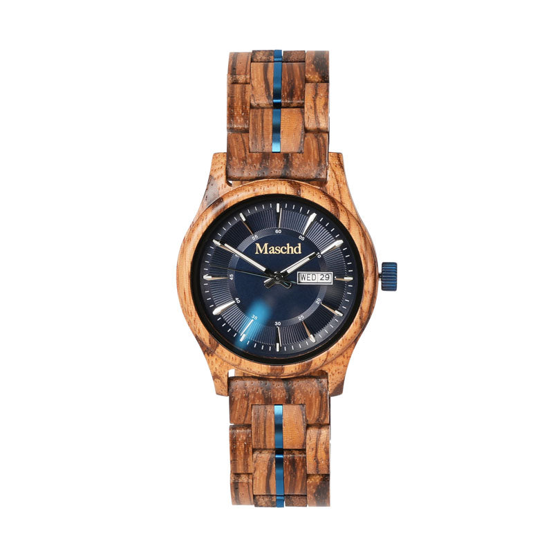 Herren Armband Uhr aus Holz  Zebrano mit Dunkelblauen Ziffernblatt 