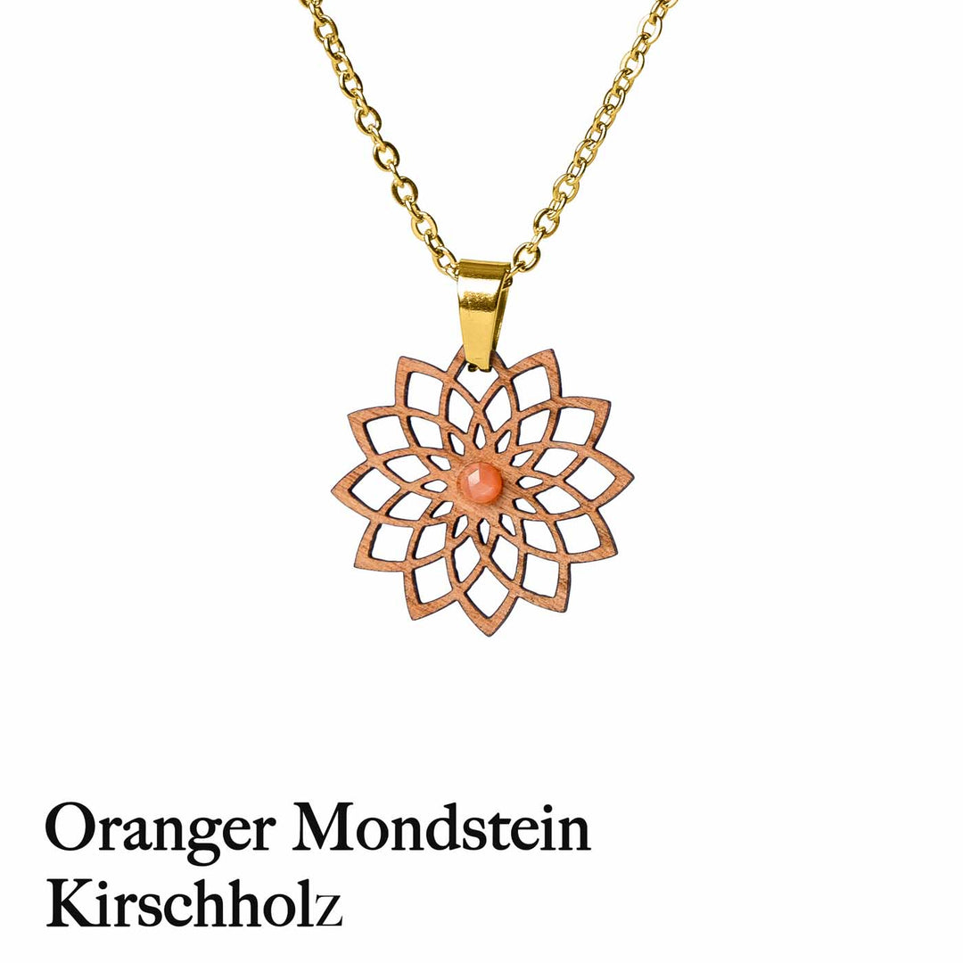 Holz Amulett mit Orangen Mondstein und Goldener kette 