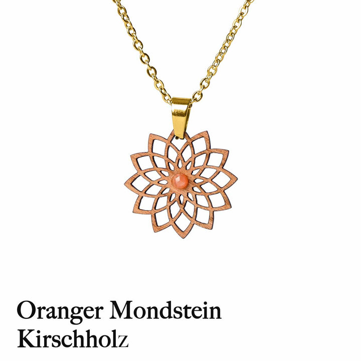 Holz Amulett mit Orangen Mondstein und Goldener kette 
