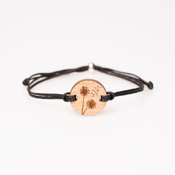 Pusteblume Motiv Armband aus Holz mit Schwarzem Band das in der länge verstellbar ist 