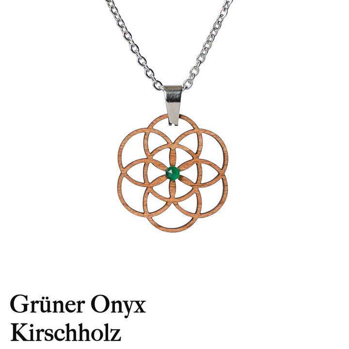 Samen des Lebens Amulett mit Grünen Onyx aus Kirschholz 