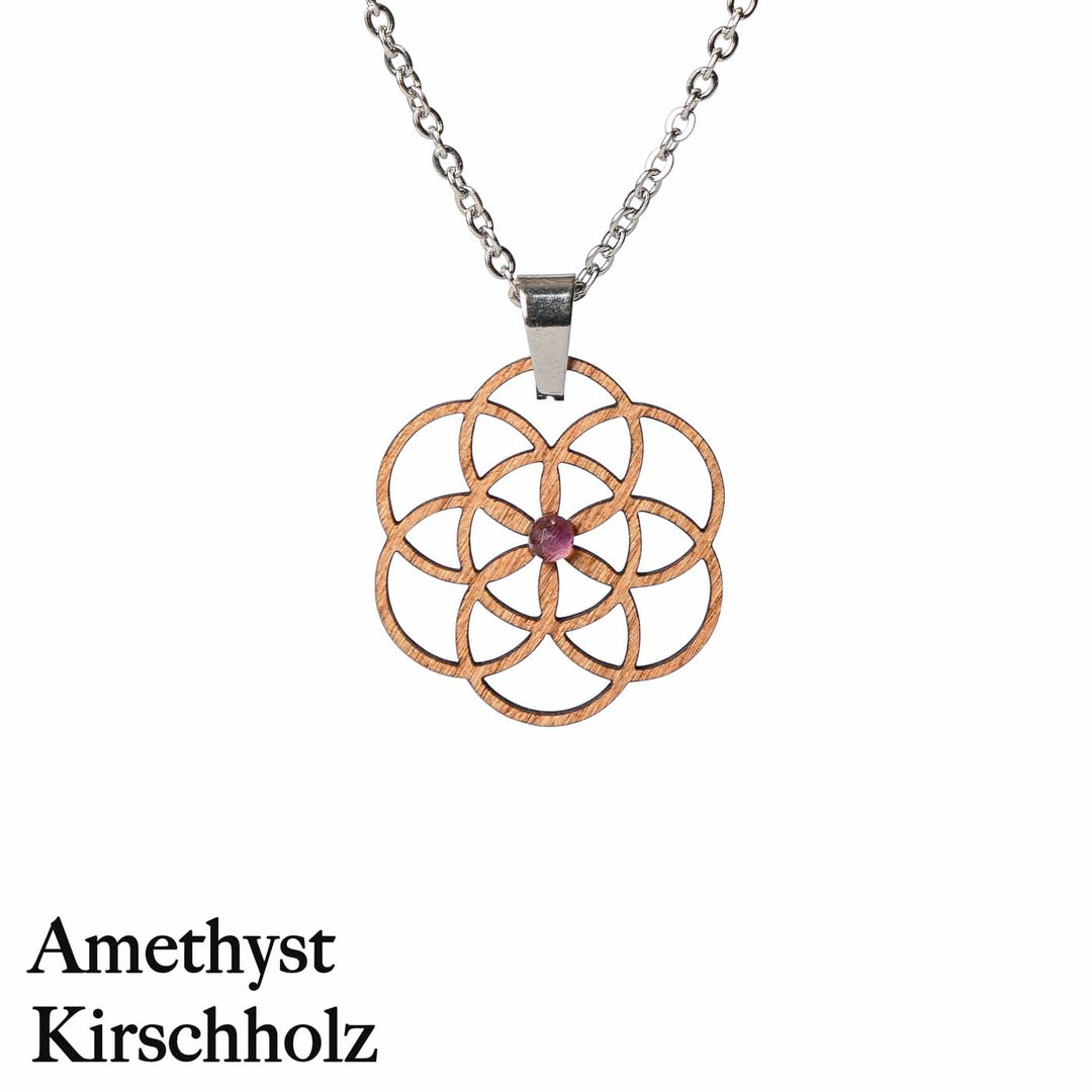 Samen des Lebens Amulett aus Kirschholz  mit Amethyst