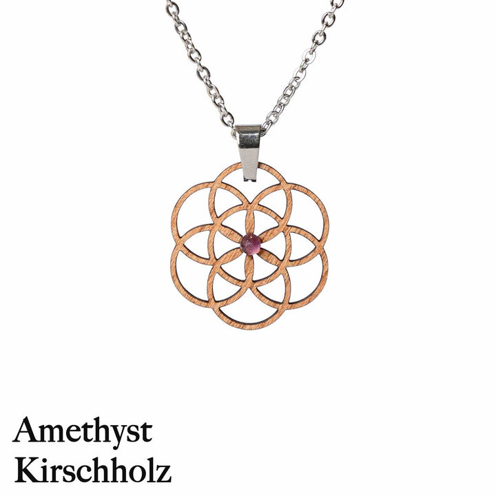 Samen des Lebens Amulett aus Kirschholz  mit Amethyst