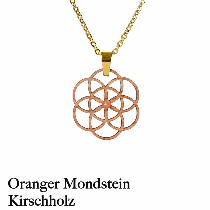 Samen des Lebens Amulett aus Kirschholz mit Orangen Mondstein 