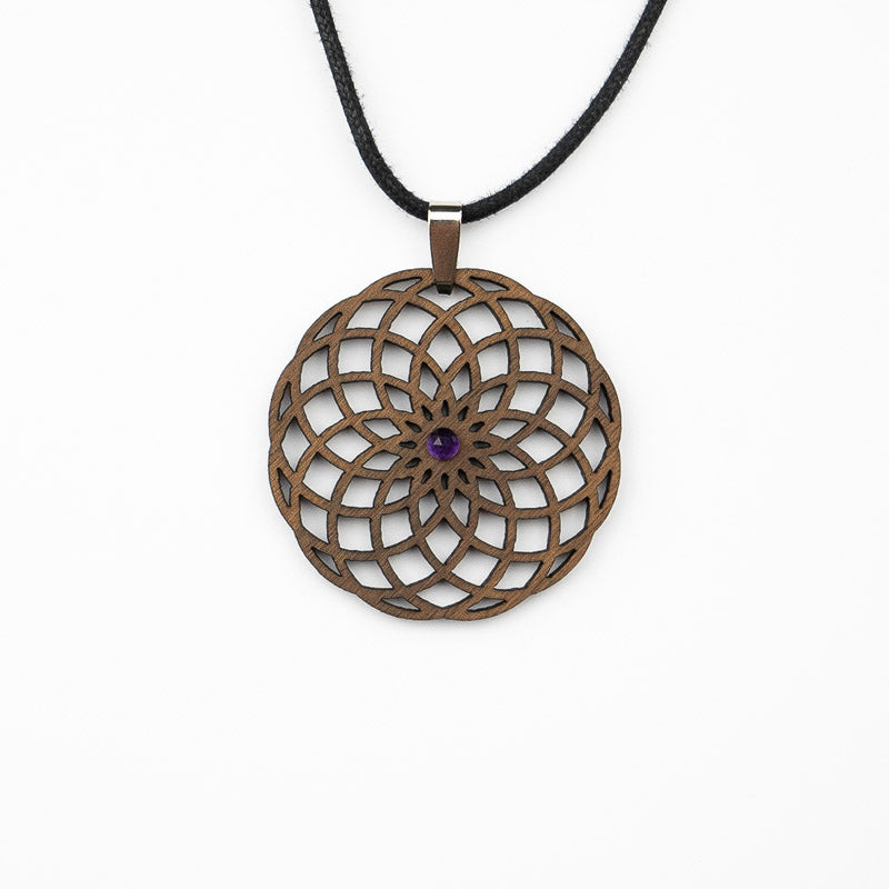 Torus Halskette aus Nussbaum mit Amethyst Holzschmuck 