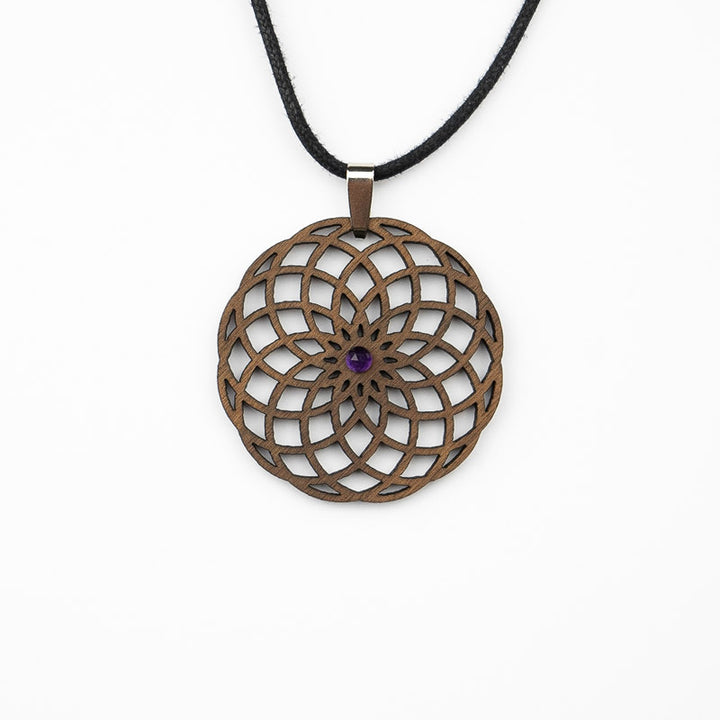 Torus Halskette aus Nussbaum mit Amethyst Holzschmuck 