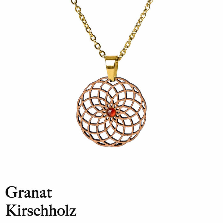 Torus Halskette mit Granat aus Kirschholz mit Goldener Halskette 
