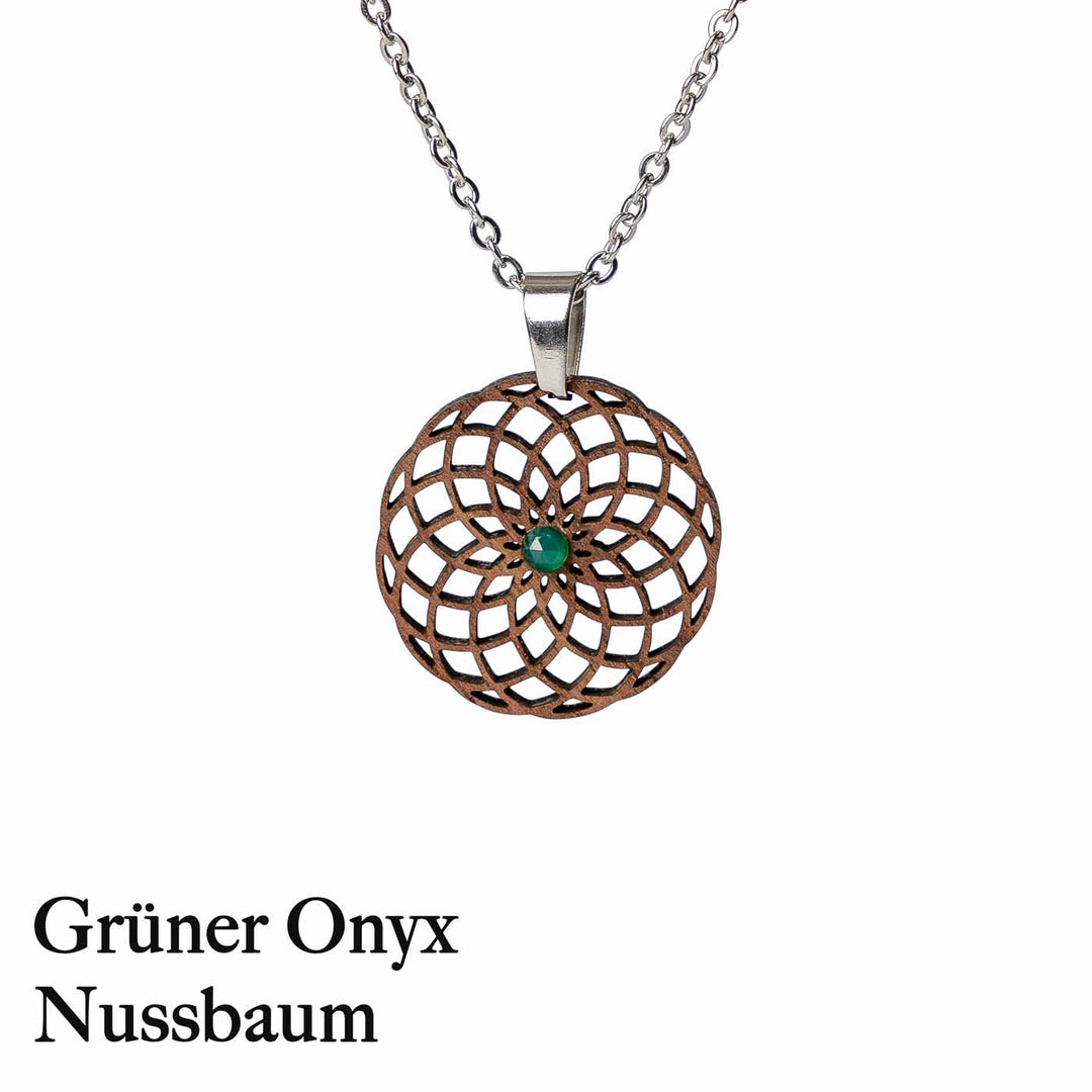 Torus Halskette aus Nussbaum mit Grünen Onyx und Silberner Halsette 