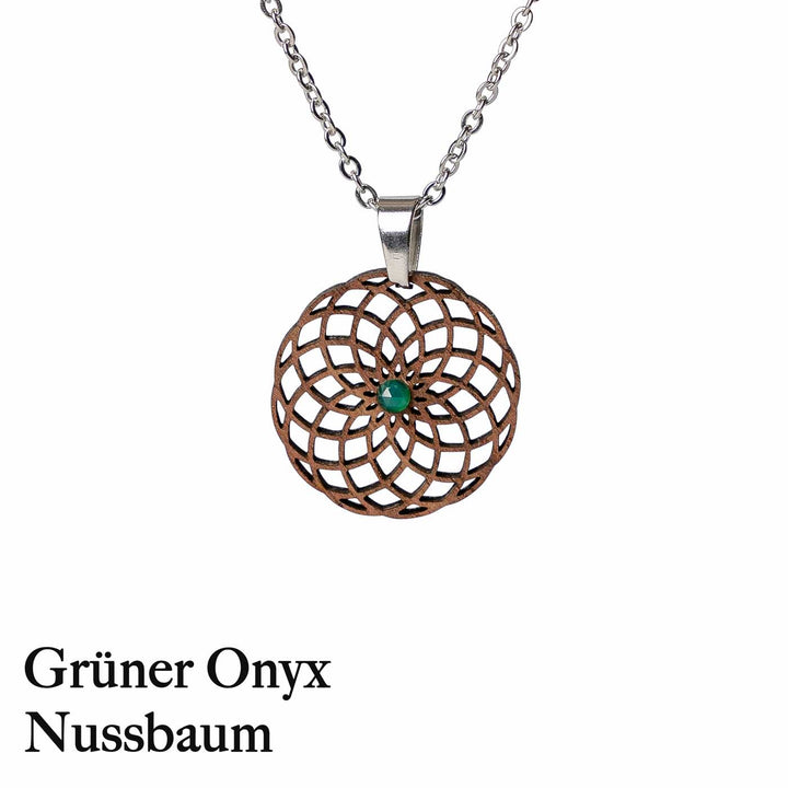 Torus Halskette aus Nussbaum mit Grünen Onyx und Silberner Halsette 