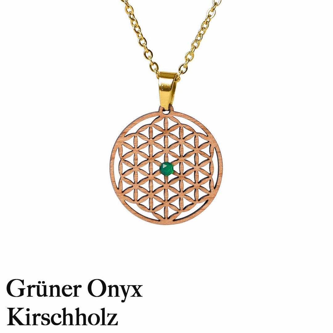 Blume des Lebens Kirschholz AMulett mit Grünen Onyx 