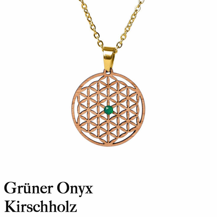 Blume des Lebens Kirschholz AMulett mit Grünen Onyx 