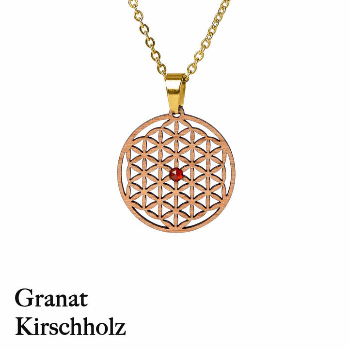 Blume des Lebens Kirschholz mit Granat und Goldener Kette 