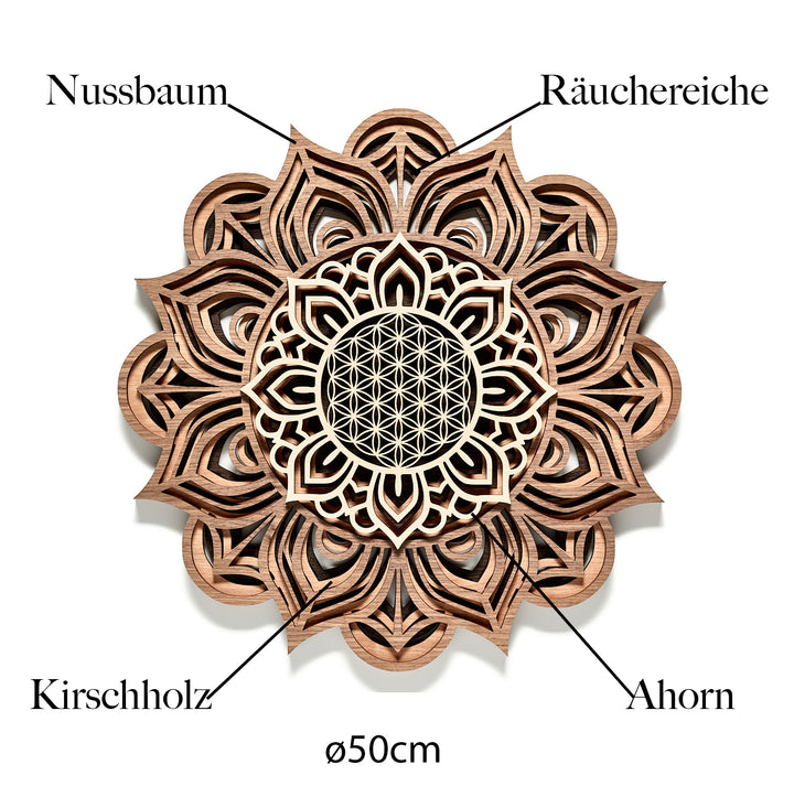 Blume des Lebens Mehrschichtiges Wandbild, Räuchereiche, Nussbaum, Kirschholz, Ahorn Holz