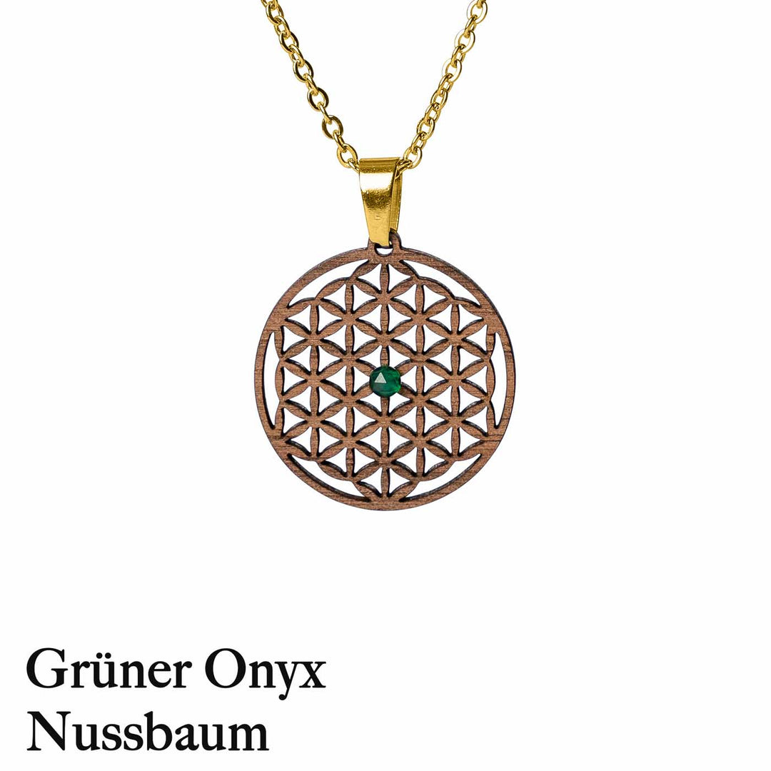 Blume des Lebens Nussbaum mit Grünen Onyx Und Goldener Halskette 