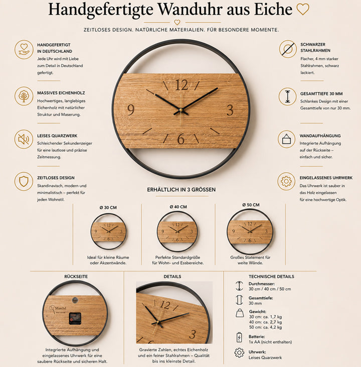 Wanduhr aus Eiche | Leises Quarzwerk | Schwarzer Stahlrahmen | Ø 30 / 40 / 50 cm