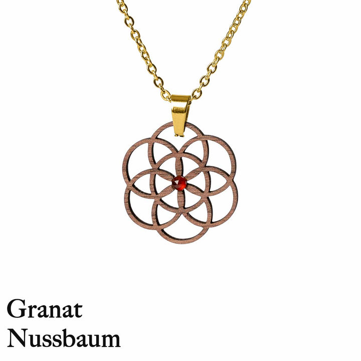 Samend es Lebens Amulett aus Nussbaum mit Granat 