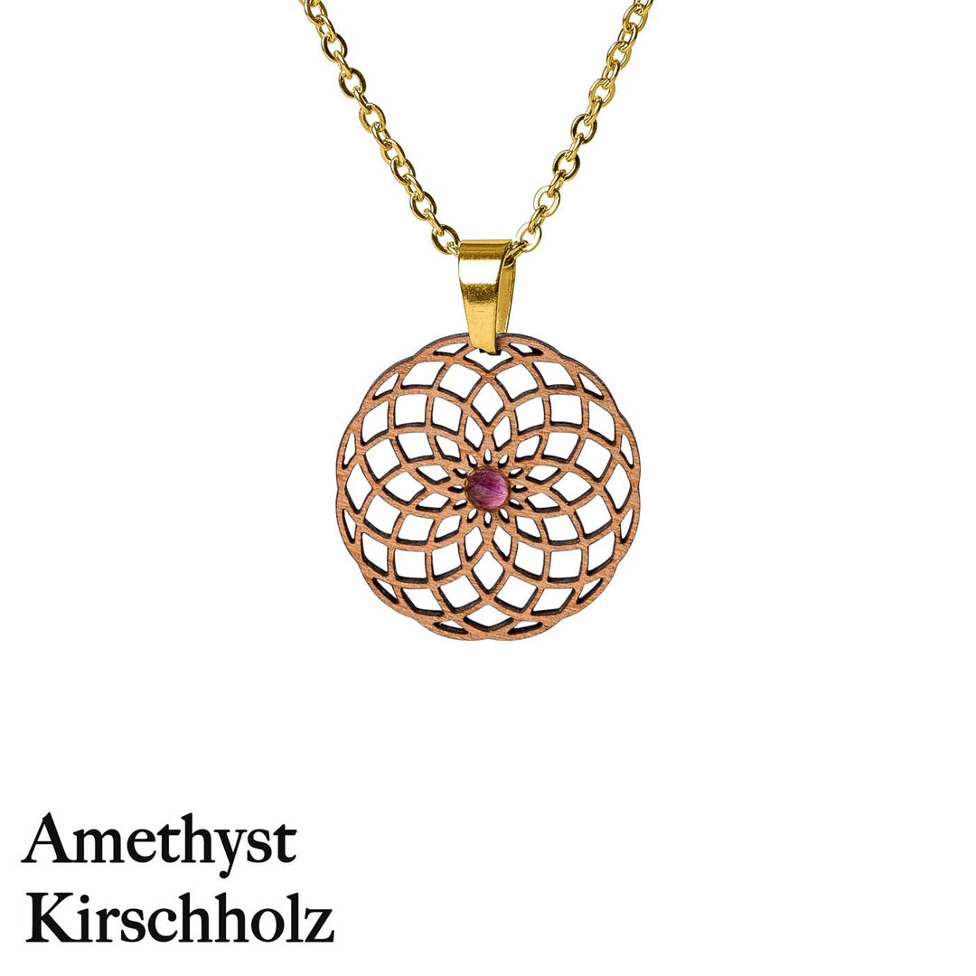 Torus Amulett Kirschholz mit Ametyst und Goldener Kette 