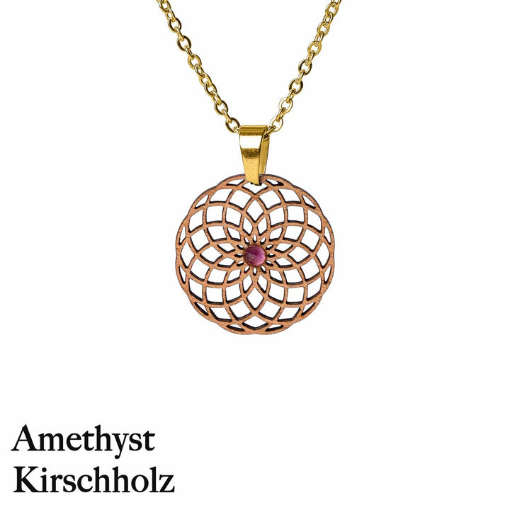 Torus Amulett Kirschholz mit Ametyst und Goldener Kette 