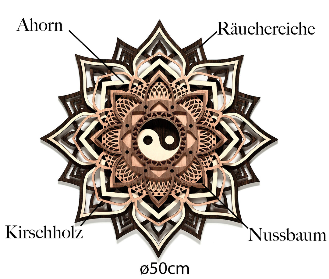 Yin und Yang Wandbild Mehrschichtig Holzarten Aufgelistet: Räuchereiche, Nussbaum, Kirschholz, Ahorn 