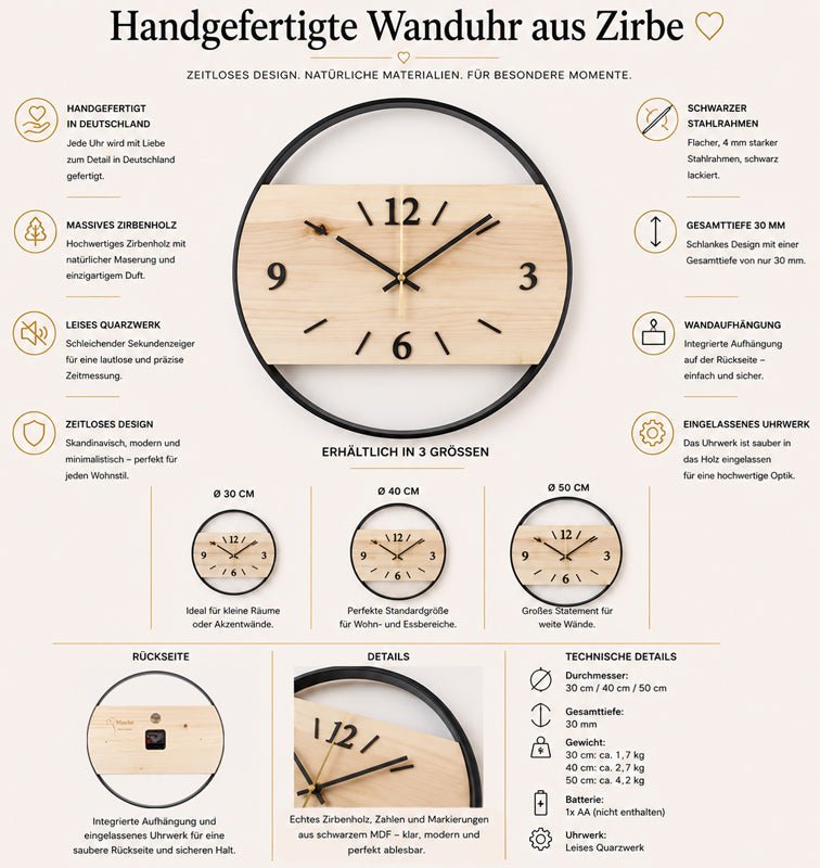 Wanduhr aus Zirbe | Leises Quarzwerk | Schwarzer Stahlrahmen | Ø 30 / 40 / 50 cm