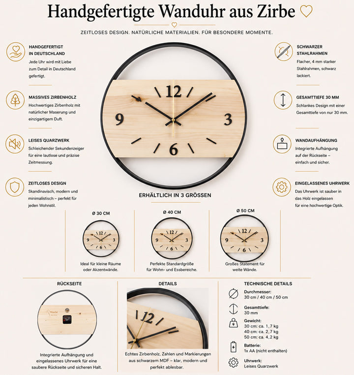 Wanduhr aus Zirbe | Leises Quarzwerk | Schwarzer Stahlrahmen | Ø 30 / 40 / 50 cm