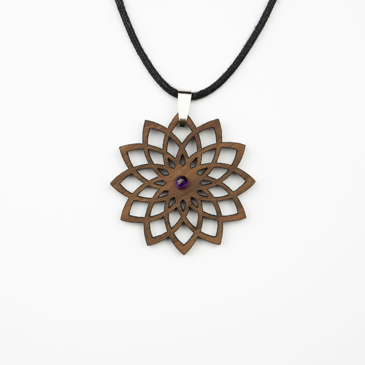 Holz & Edelstein Halskette Mandala mit Amethyst