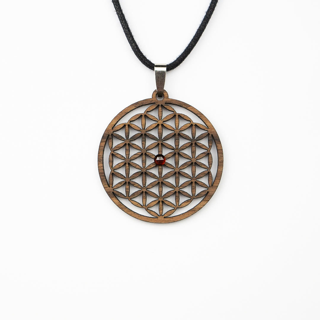 Amulett Blume des Lebens mit Edelstein Granat