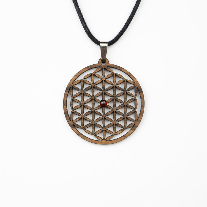 Amulett Blume des Lebens mit Edelstein Granat